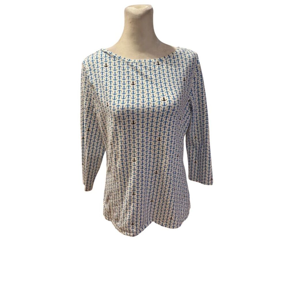 Talbots Women's L 3/4 Sleeve Anchor Print Stretch Shirt Top Casual